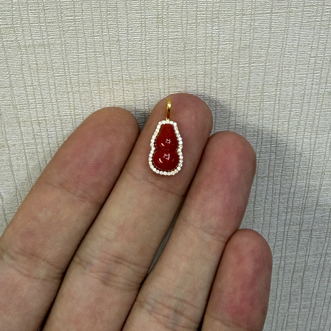 天然红珊瑚镶嵌阿卡葫芦侧挂配件款