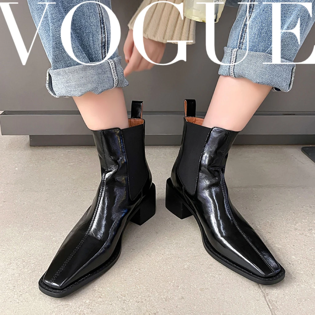 1114-1/5.5cm牛皮方头切尔西短靴粗跟中跟