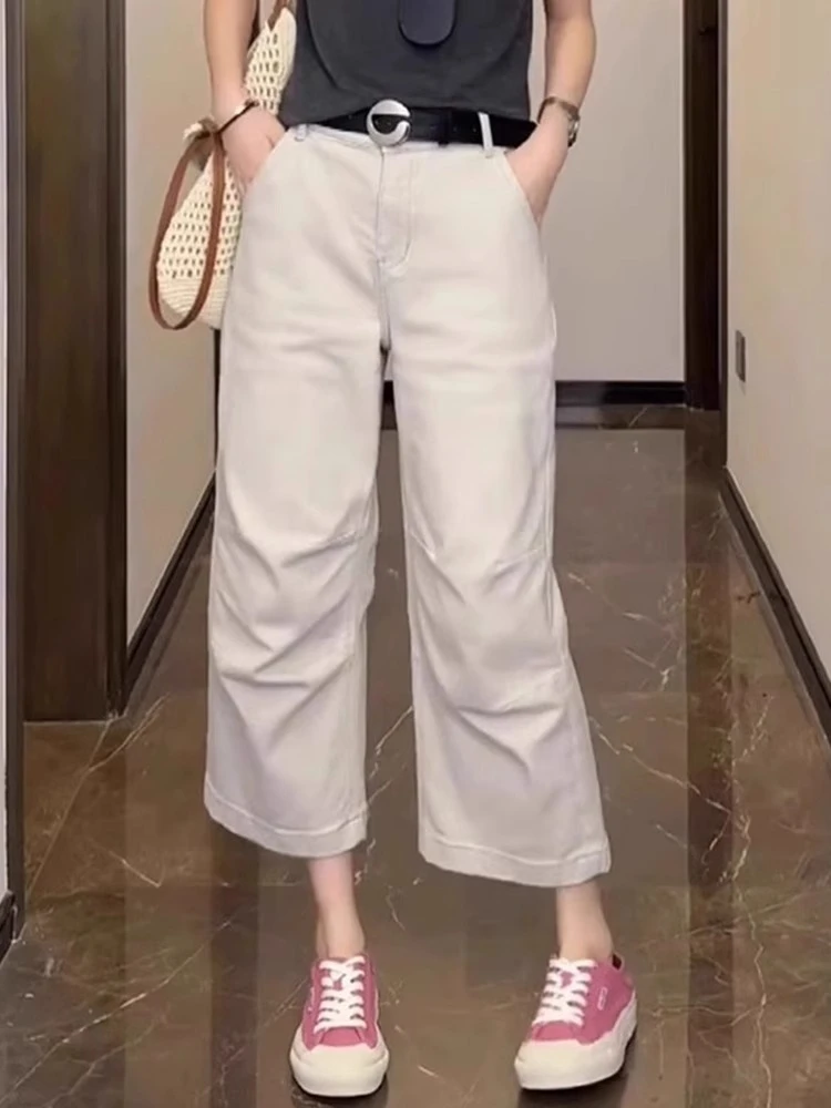 2025夏季新款高弹力八分阔腿裤牛仔裤女夏款奶奶裤梨形直筒裤