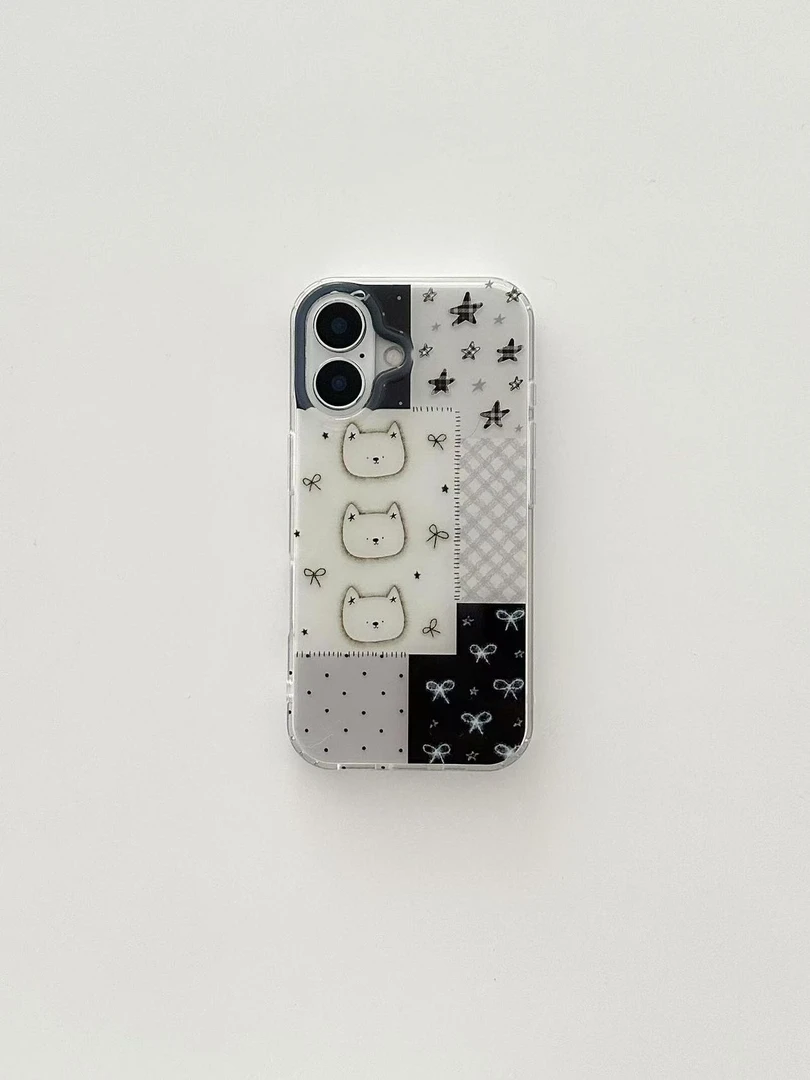 拼接波点蝴蝶结小猫适用苹果16/15promax手机壳iPhone12防13可爱