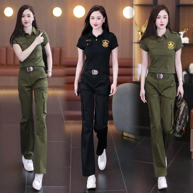 阔腿裤套装新款夏装迷彩服短袖翻领女休闲上衣T恤修身长裤显瘦女