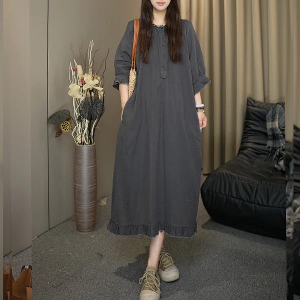 肉肉家 2025夏季新款高级显瘦百搭宽松长款棉纱连衣裙8903