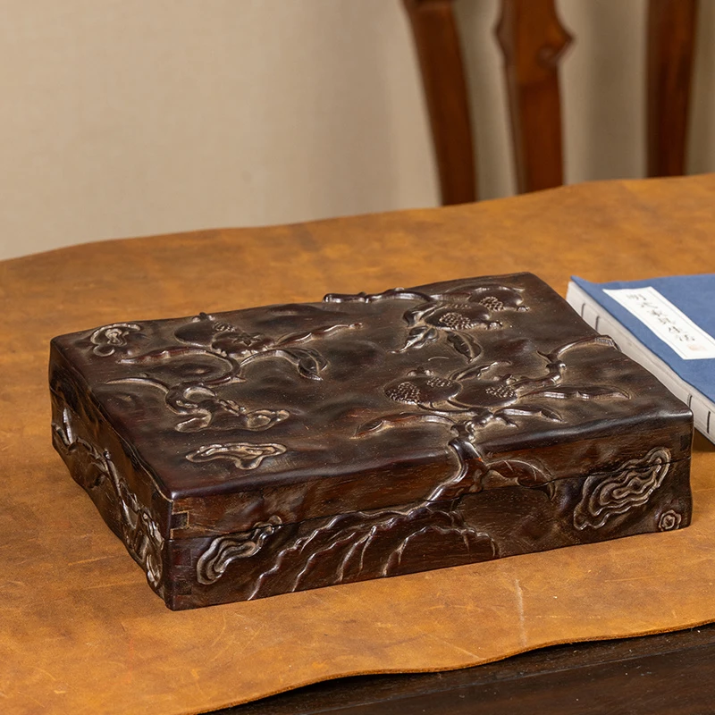 清 红木石榴纹方形盖盒古董收藏