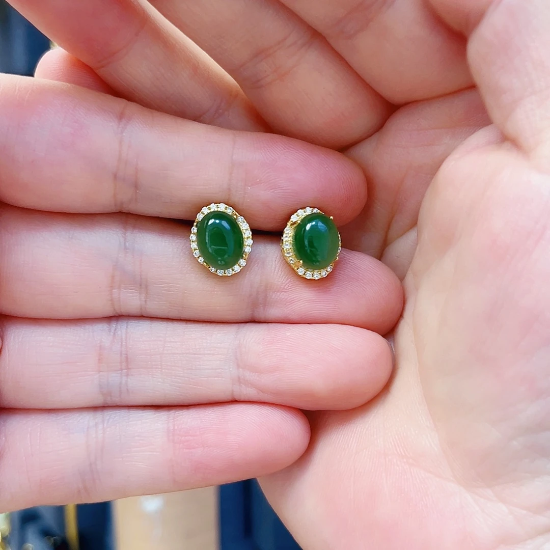 和田玉银S925镀金镶嵌耳饰