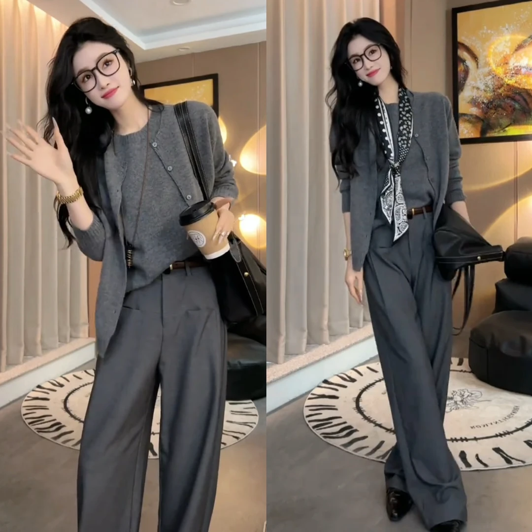 【现货运费险】秋季新款气质显瘦针织开衫外套无袖背心百搭休闲长裤