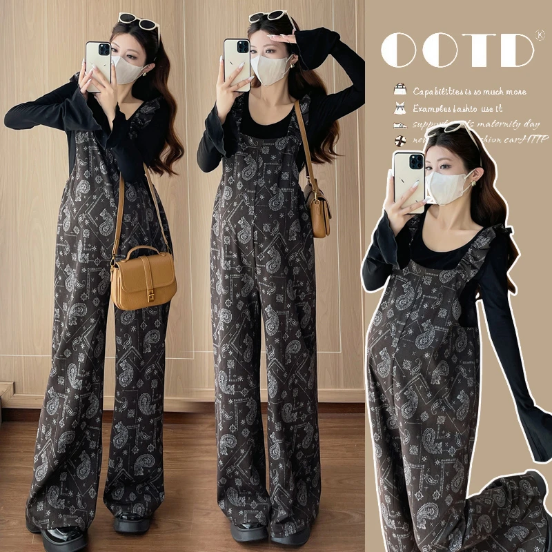 时尚孕妇春秋新款腰花孕妇背带裤减龄外穿+辣妈喇叭袖上衣两件套
