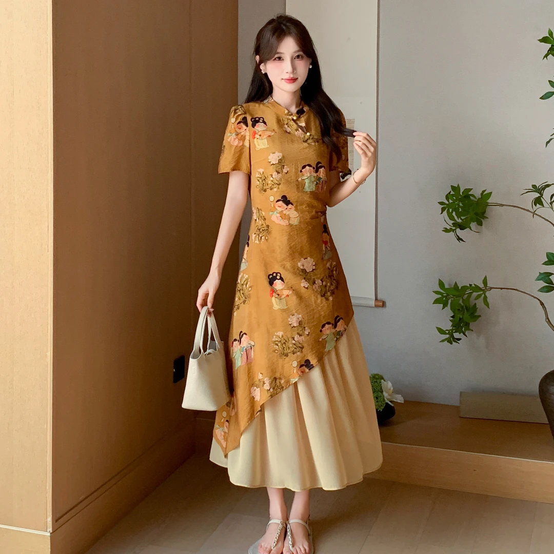 无印心匠B25857新中式国风复古印花盘扣假两件短袖连衣裙 K733