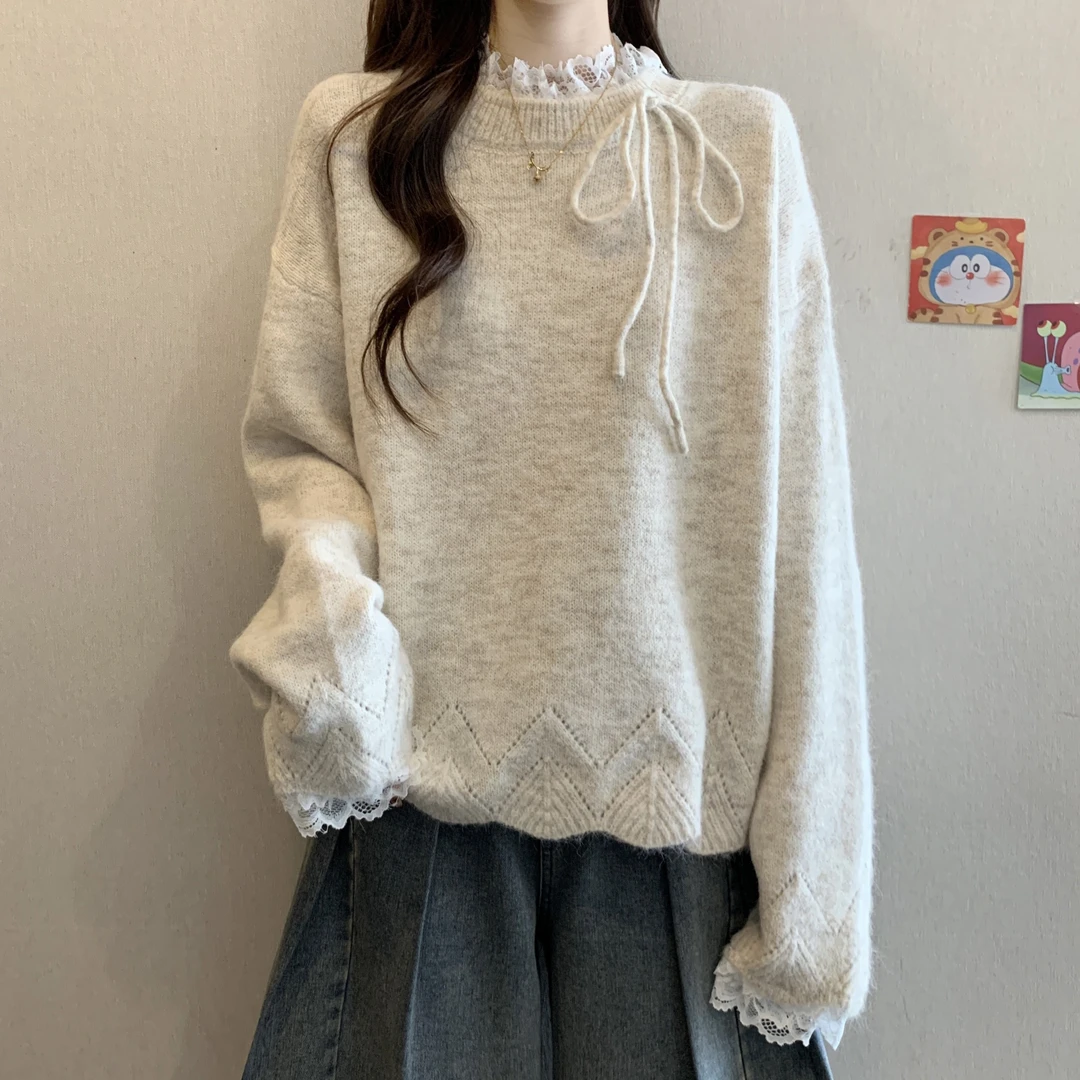 高级感蕾丝拼接打底针织衫女秋冬新款大码胖MM软糯巨显瘦爆款毛衣