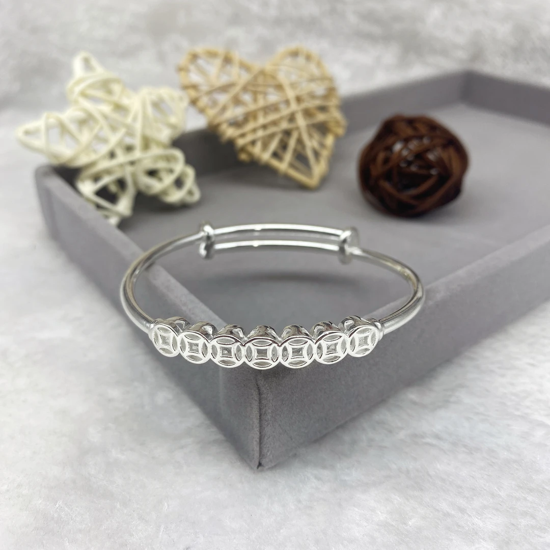 足银手镯 足银999铜钱推拉纯银手镯时尚小众复古风送女友节日礼物
