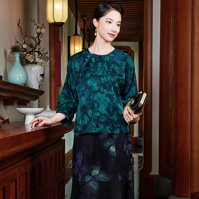 【浮香浸影】100%桑蚕丝提花红云纱长袖秋季宽松文艺蓝色上衣W25158