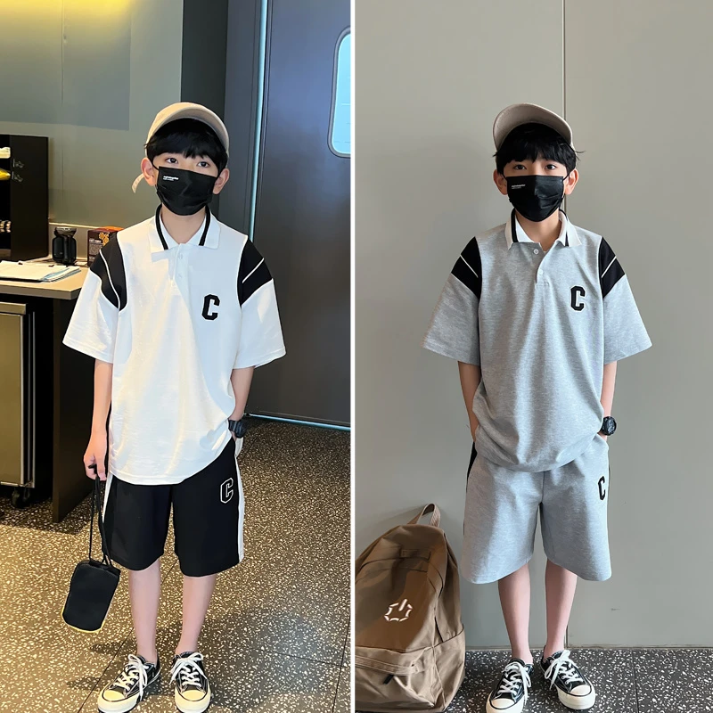 凯文家童装夏新款 男童中大童休闲Polo衫套装帅气短袖两件套