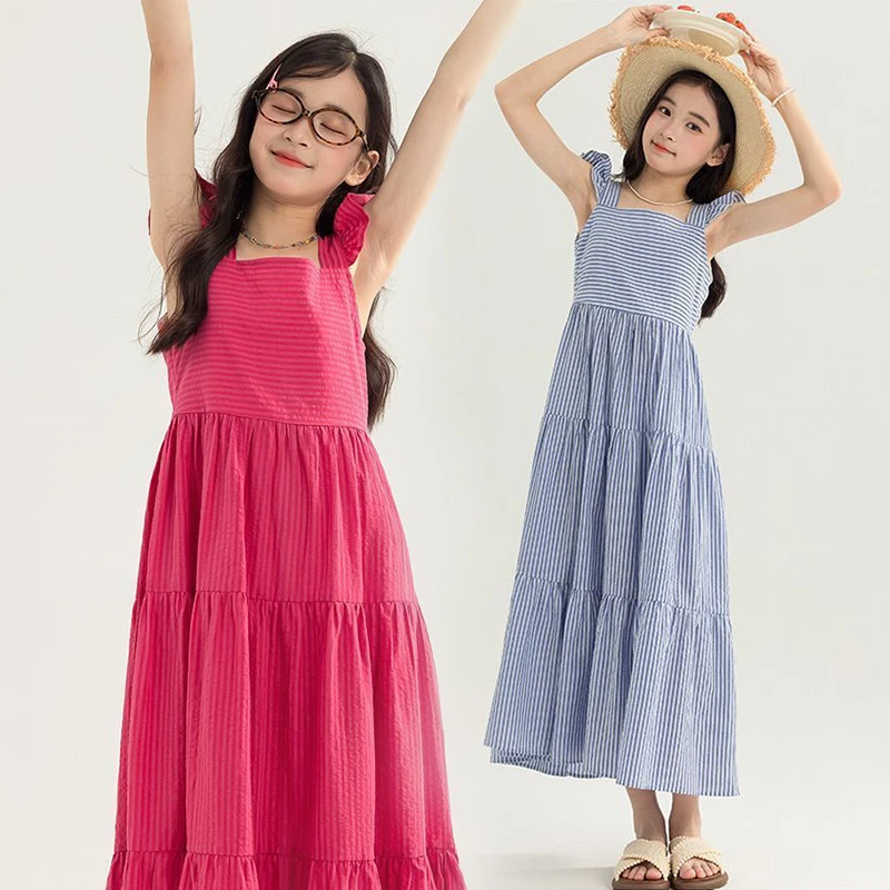 文艺日系女童连衣裙时尚韩系条纹夏季新款儿童飞袖沙滩背心裙长裙