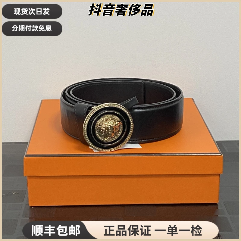 99新 VERSACE/范思哲 金色扣头 黑色皮面带身 85码 3.8cm宽