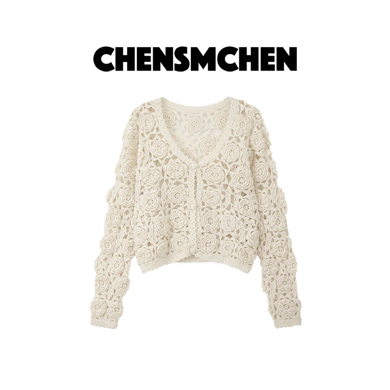 CHENSMCHEN  羊毛手工钩花立体针织开衫女镂空时尚上衣CSZ7011MN