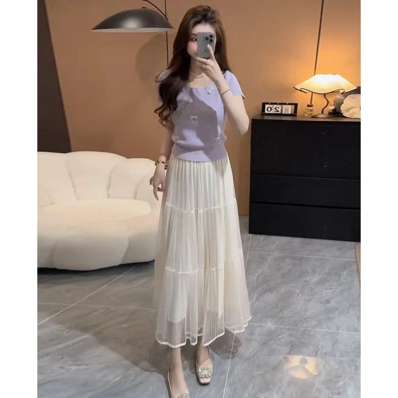 独特绝美漂亮套装裙女2025超火两件套夏装薄款短袖针织衫+半身裙