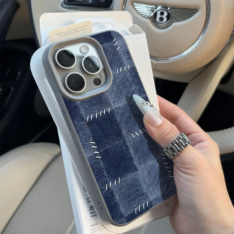 平面水洗牛仔纹适用苹果16p/15手机壳iPhone14promax13荔枝纹12软