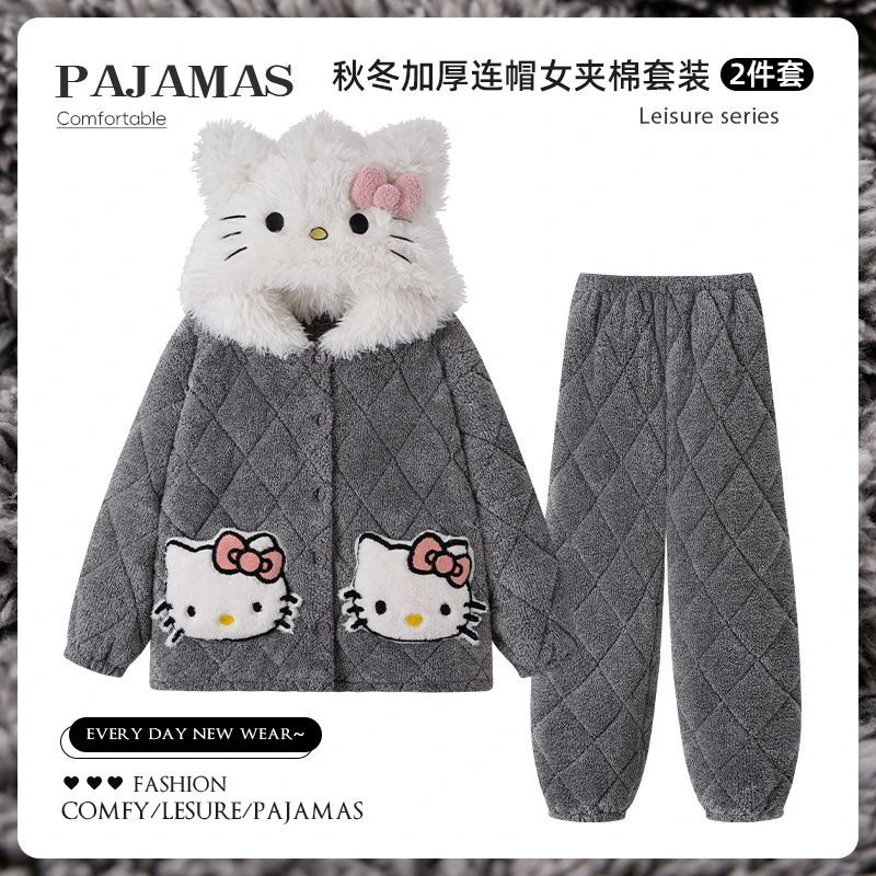 冬季HelloKitty睡衣女士长毛绒三层夹棉珊瑚绒加绒加厚舒适家居服