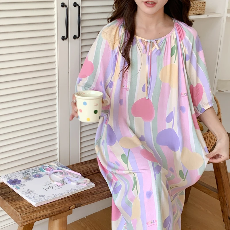 夏季带腰带款棉绸睡裙宽松人造棉居家外出连衣裙