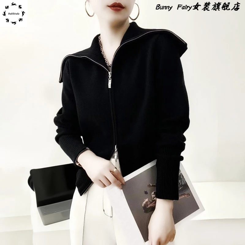 大翻领设计感精致开衫秋冬休闲宽松显瘦气质长袖加厚针织衫毛衣女