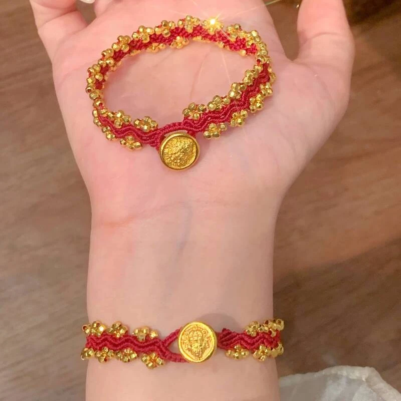 铜合金手链 新中式国潮风丨爆闪蹦迪珠黄财神红手链手工编织 Y008