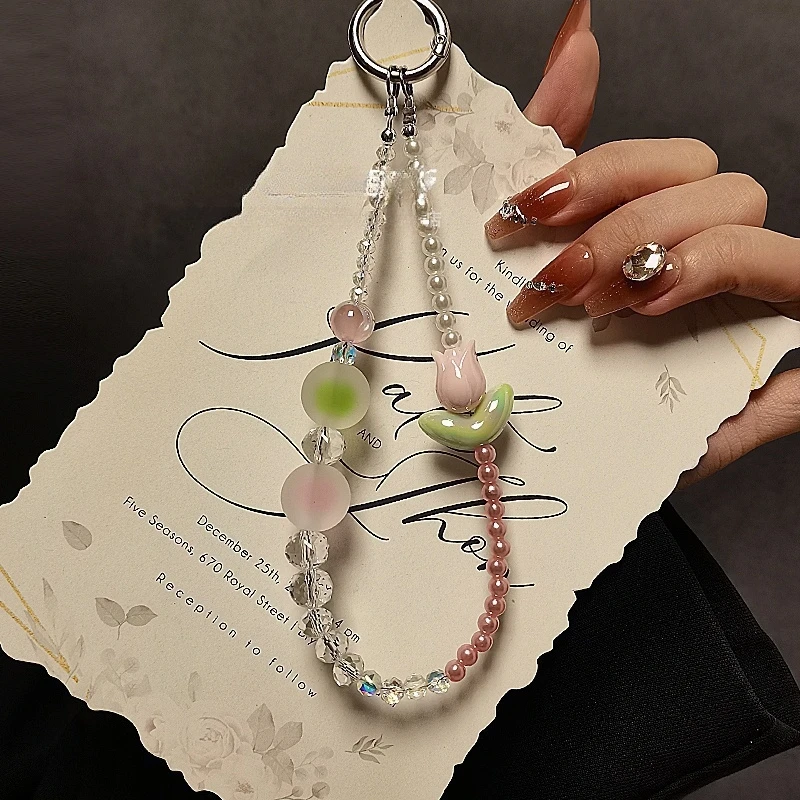 夏日款郁金香花朵手机链短款水晶串珠水晶手提链百搭挂件防丢挂链