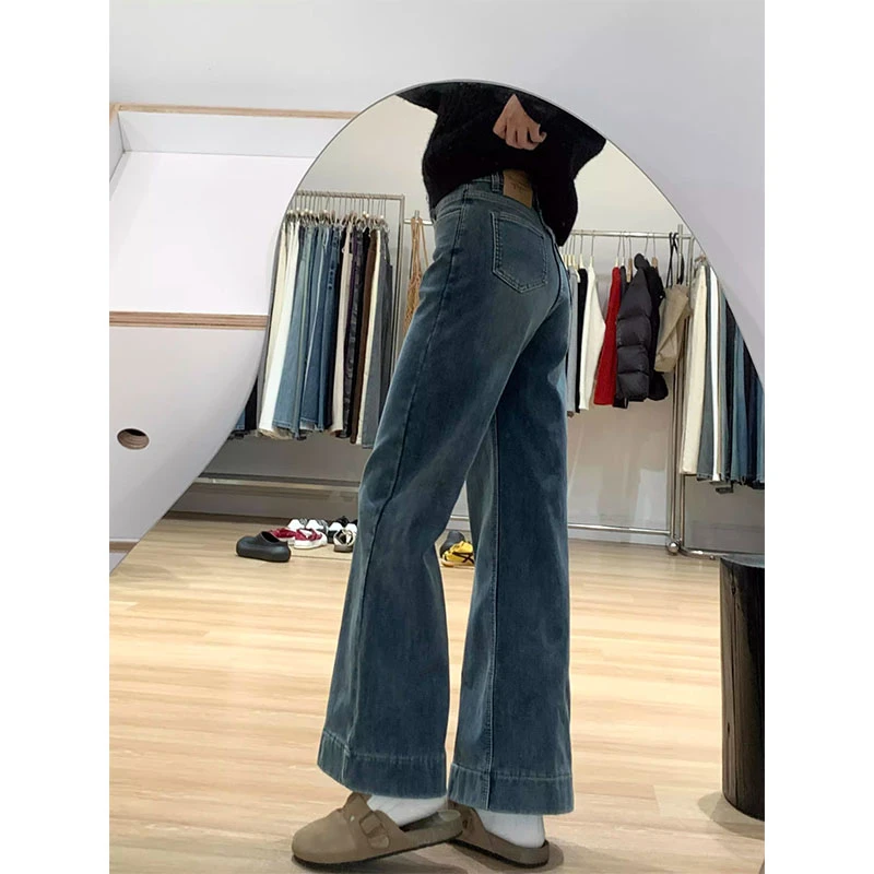 美式复古蓝高腰微喇叭牛仔裤女秋冬新款宽松显瘦垂感百搭阔腿裤子