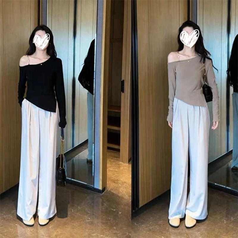 梦优莱韩系ins衣服链条斜领露肩长袖T恤早秋不规则修身显瘦上衣女