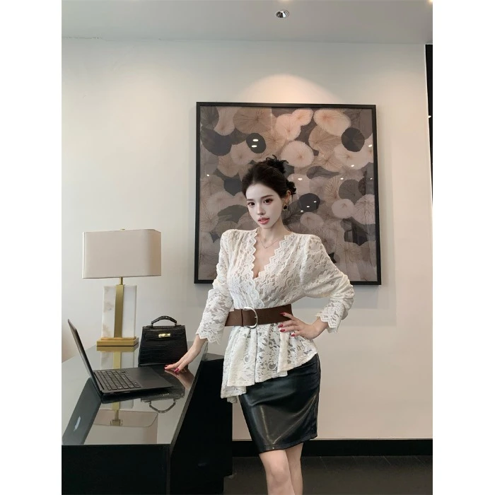法式纯欲不规则V领长袖蕾丝衫女秋季性感包臀裙半身裙小众两件套
