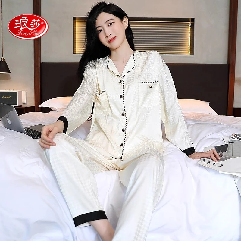 浪莎睡衣女士春秋款冰丝2025年新款小香风可外穿家居服两件套装