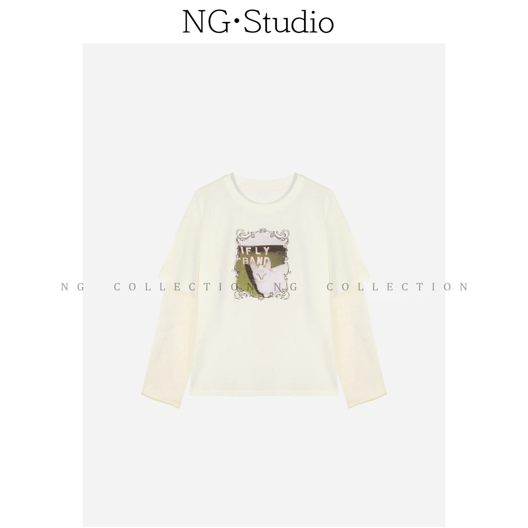【NG·Studio】新款猫咪图案假两件拼接镂空网纱长袖T恤预NGC5TX2440