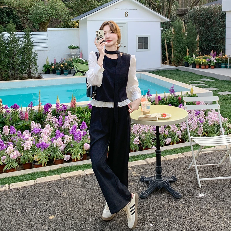 设计感轻熟风时尚假两件打底上衣休闲显瘦气质阔腿长裤两件套女春