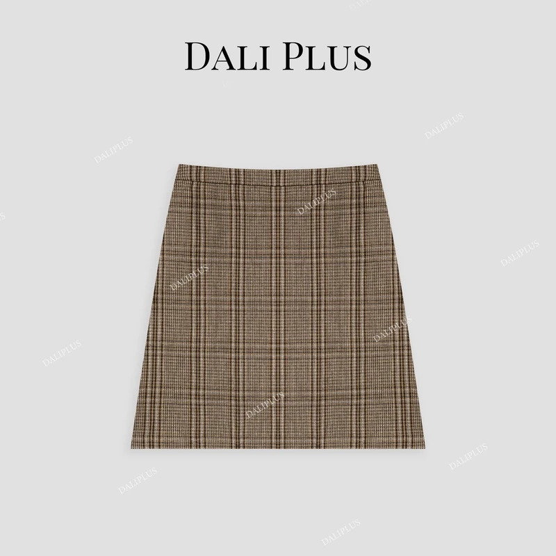 DALI PLUS英伦风复古咖色格纹半裙高腰短裙-D4SZ0102