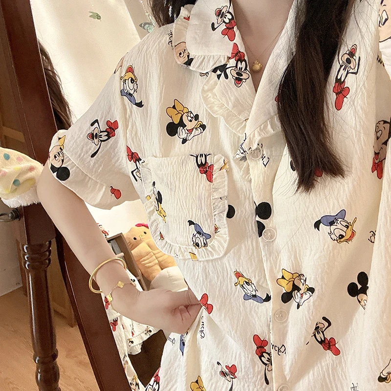 白色mickey自带胸垫三件套睡衣少女夏季短袖可爱卡通ins风家居服