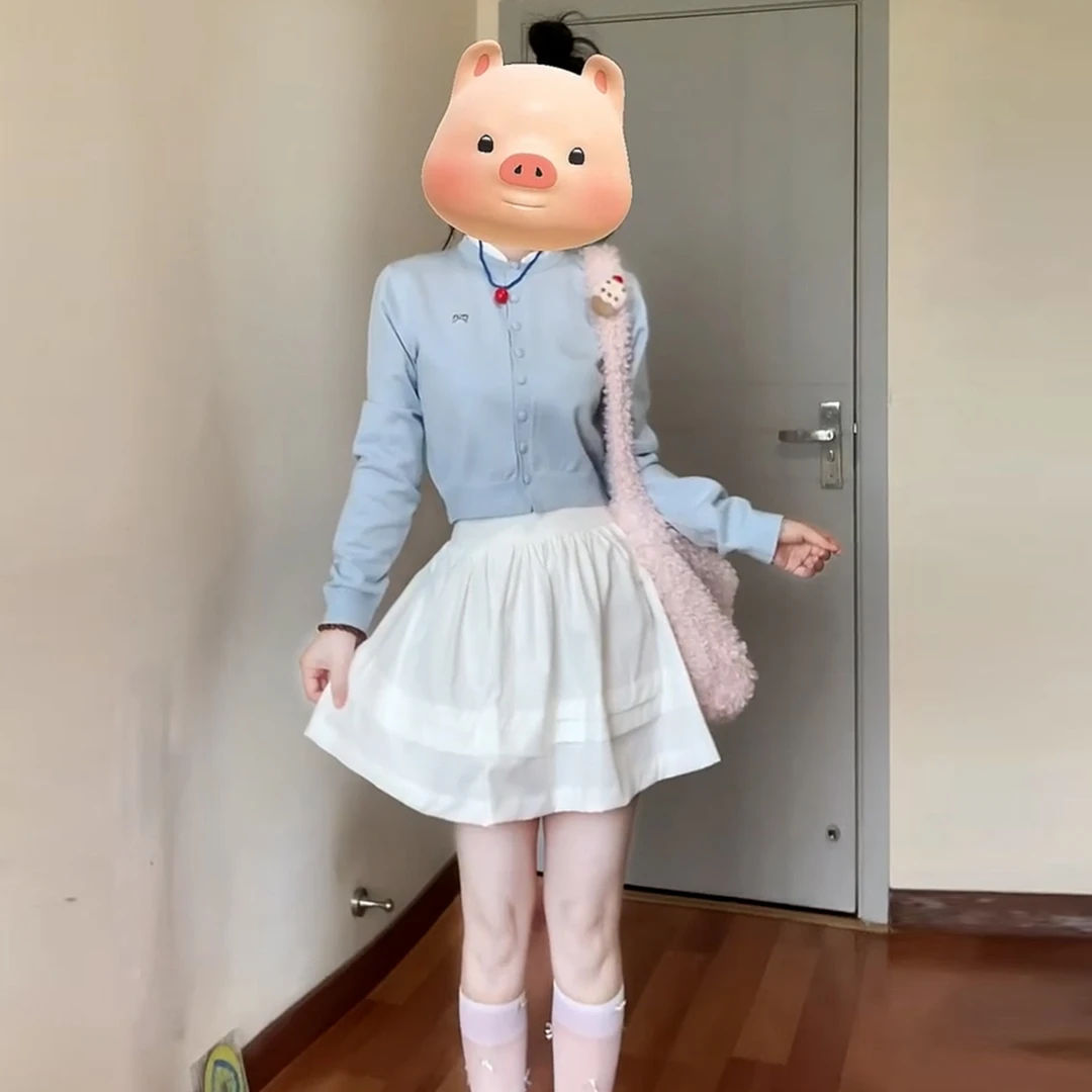 韩系一整套ootd穿搭白色半身连衣裙子女初秋针织开衫短裙2025新款
