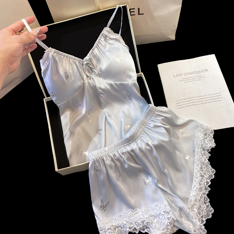 2025新款吊带短裤睡衣女士分体式套装带胸垫少女风纯欲睡衣冰丝
