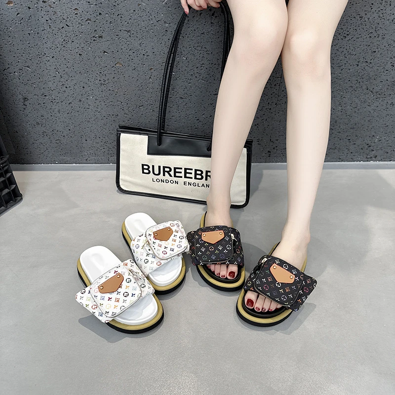 轻奢鞋子三彩魔术贴厚底一字凉拖夏季平底情侣凉拖一字沙滩凉拖鞋