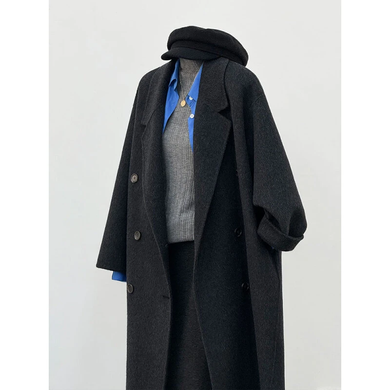 G09韩版双面羊毛大衣女秋冬中长款高级感宽松西装领羊毛呢外套