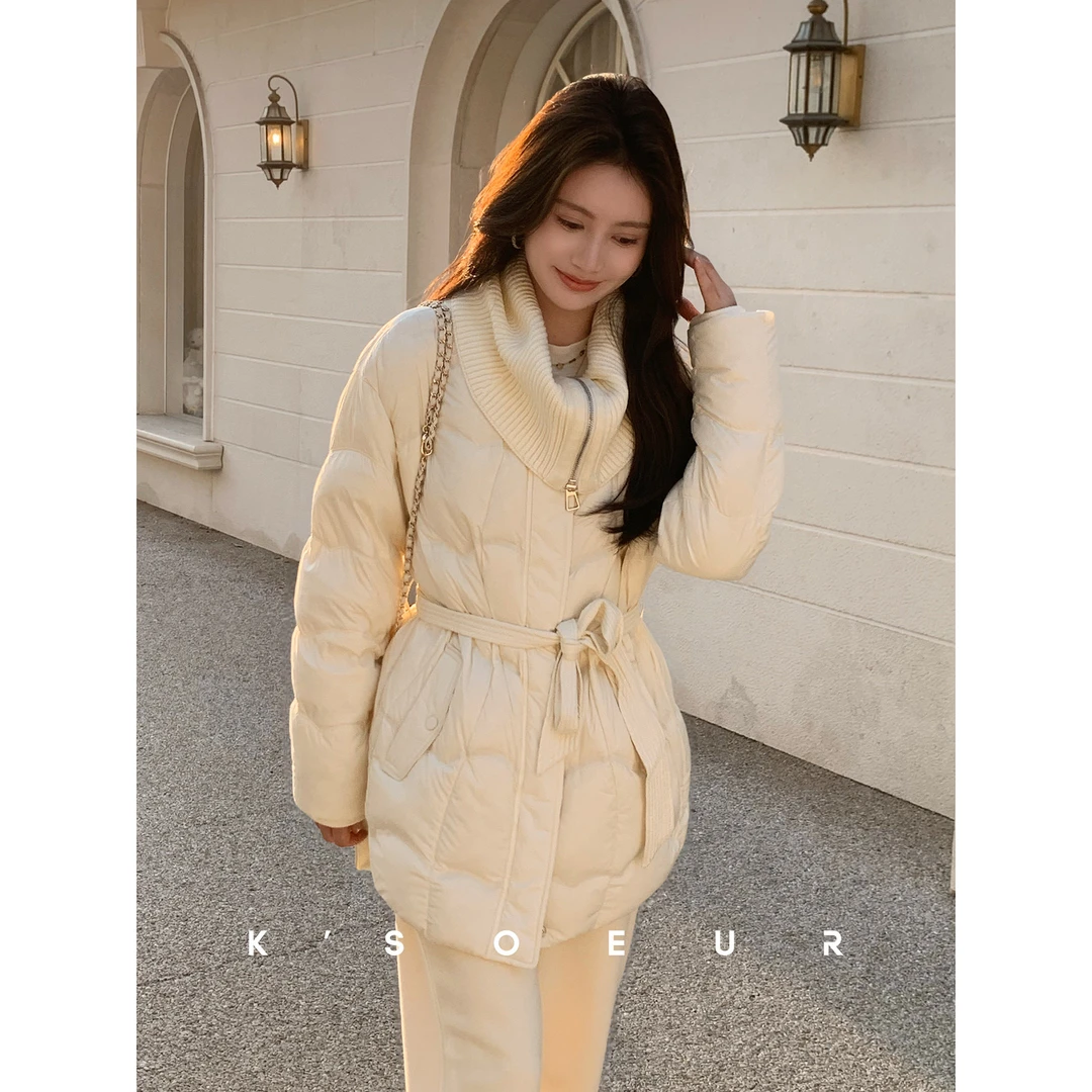 K姐KSOEUR【白色恋人】95白鸭绒 拼接毛织收腰波浪压线羽绒外套女