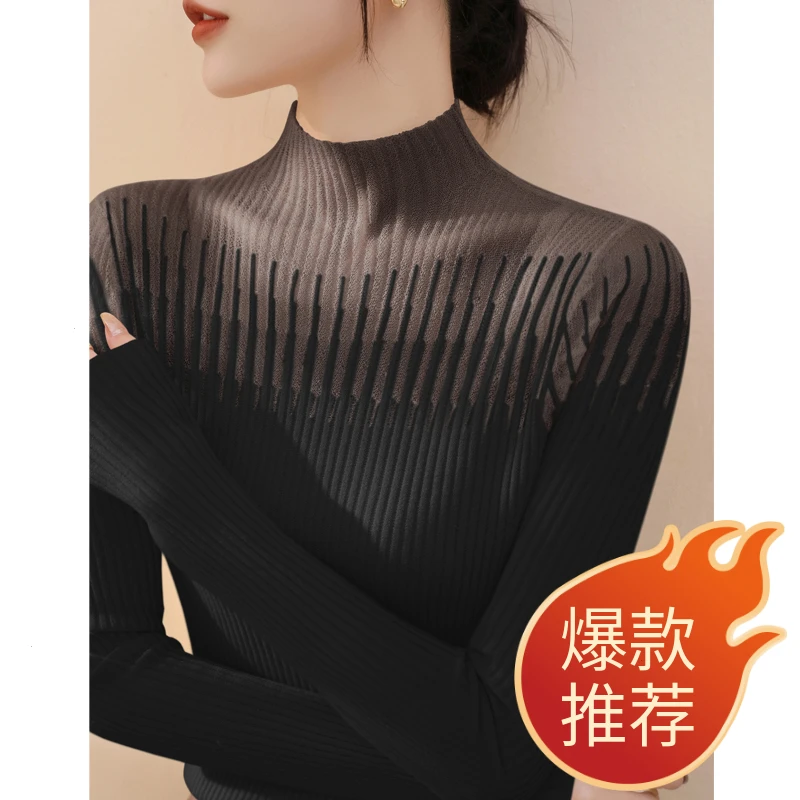 2025年秋冬新款法式蕾丝网纱半高领修身羊毛百搭针织衫长袖打底女