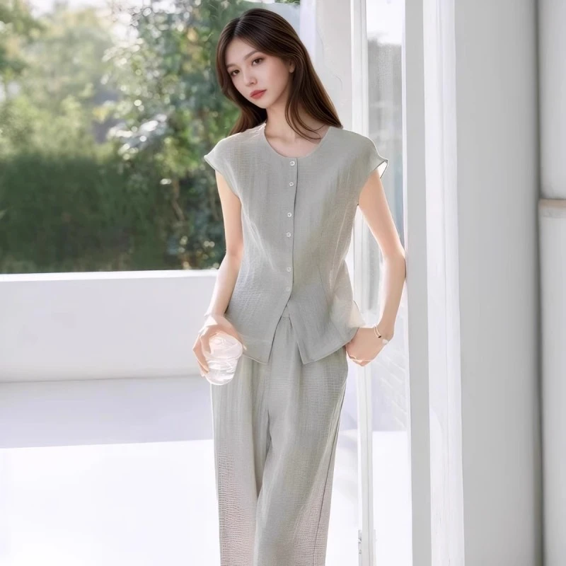 自带空调冰凉天丝麻夏季两件套女飞飞袖无领衬衣裤子休闲时尚套装