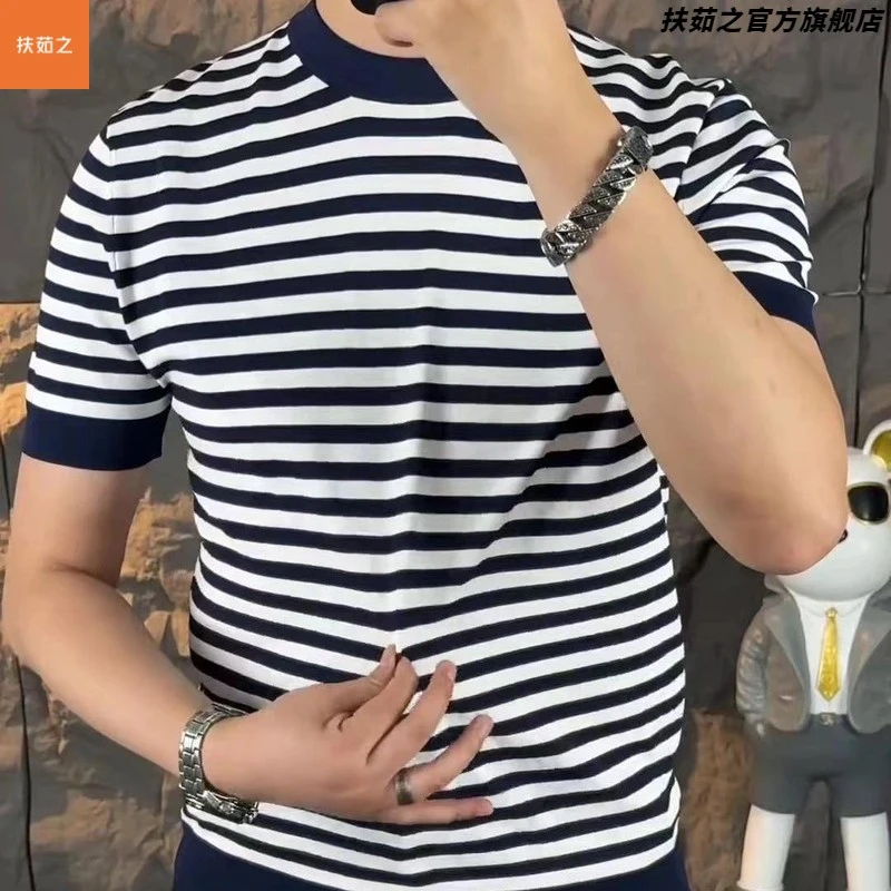 夏季新款高品质圆领条纹短袖针织衫男士潮流帅气休闲百搭半袖体恤