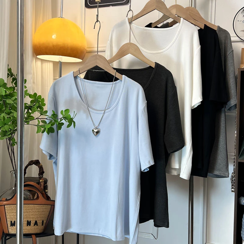 YZJ【净版T】胖妹妹夏季棉质纯色U领宽松高弹宽松显瘦短袖T恤上衣