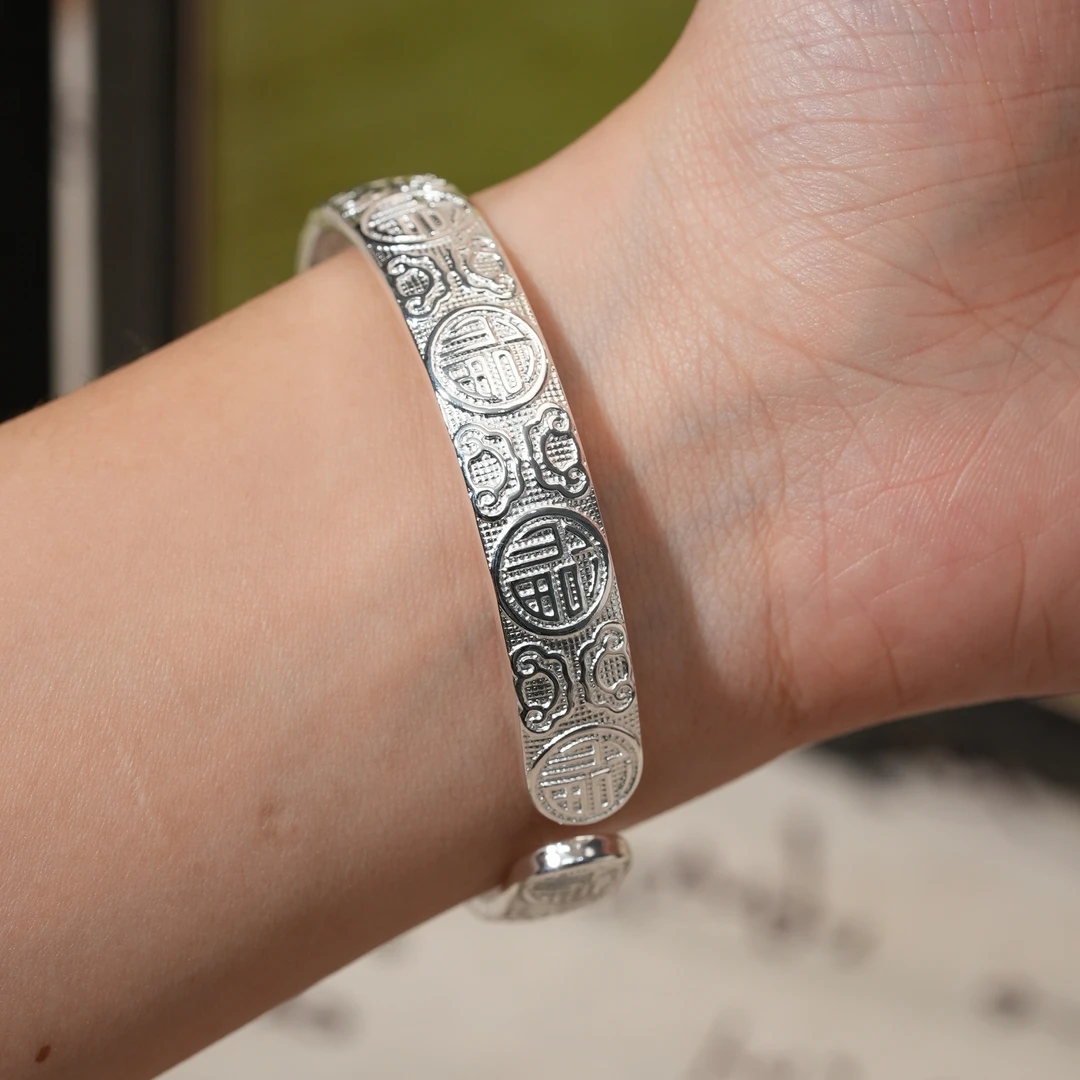 足银手镯 福字心经银手镯百福开口手镯实心送中老年礼物