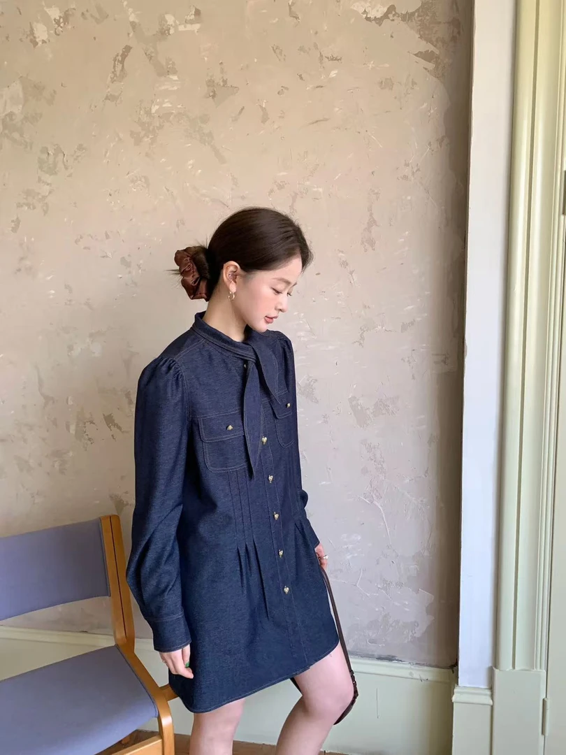 周周【假日香颂】春季新品甜美蝴蝶结气质牛仔连衣裙