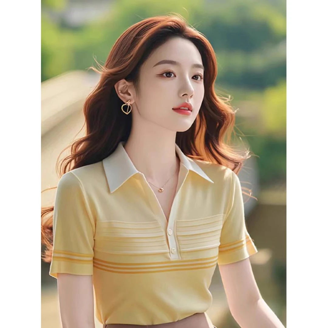 小众polo衫短袖T恤女士装夏季2025年新款潮洋气时髦体桖条纹上衣