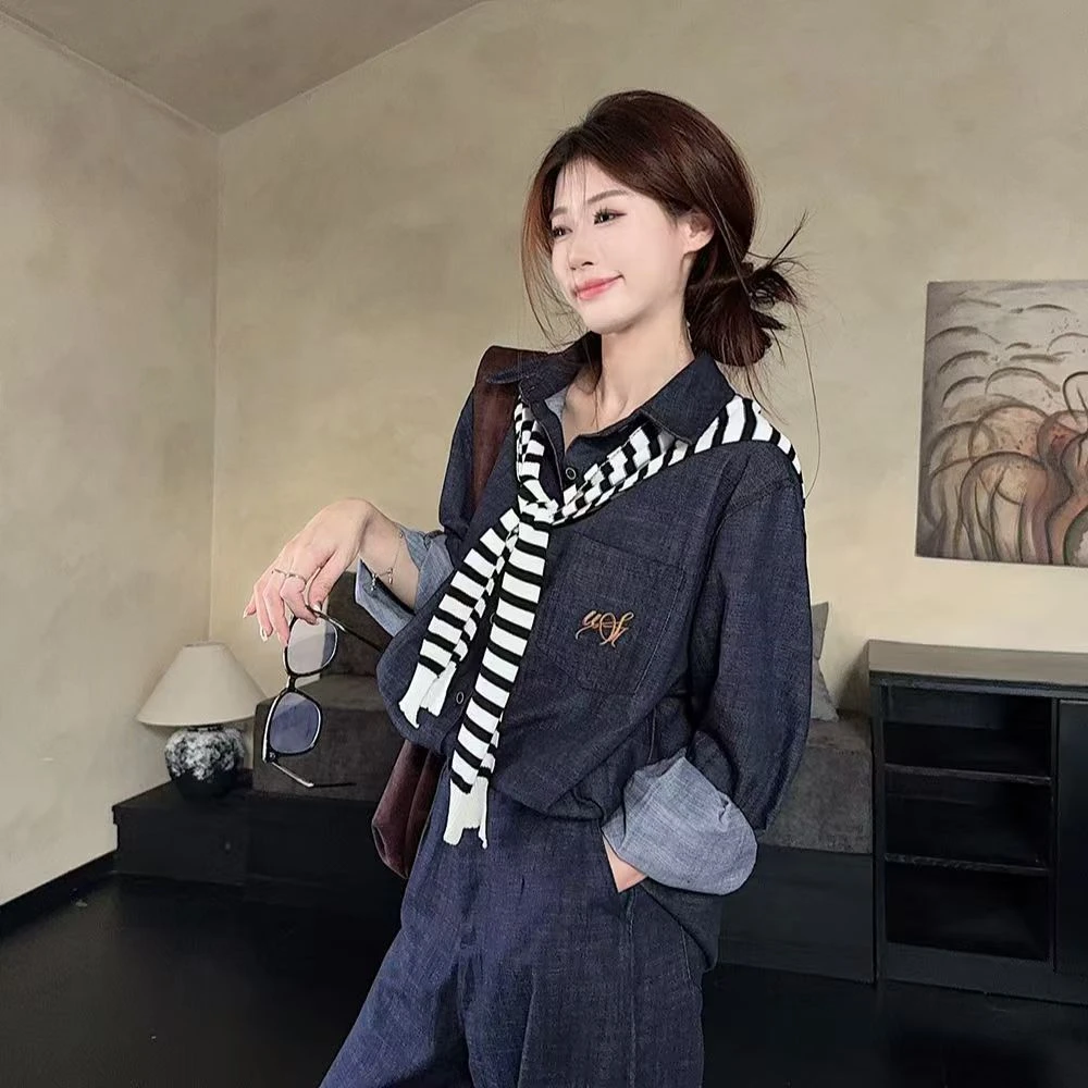 两件套装韩系小个子复古简约牛仔长袖衬衫女_高腰阔腿裤