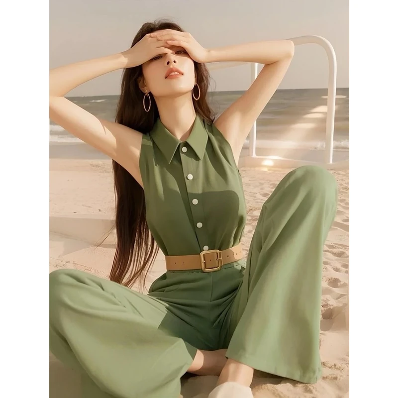 绿色无袖上衣配阔腿裤御姐独特绝美小套装女夏装搭配一整套高级感
