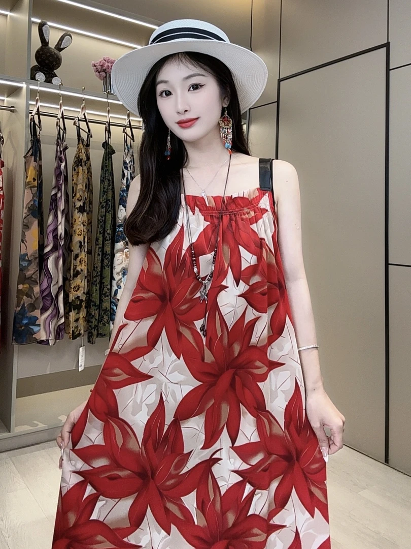 【红枫叶】夏季碎花吊带裙中长款宽松时尚女装遮肉显瘦大码外穿