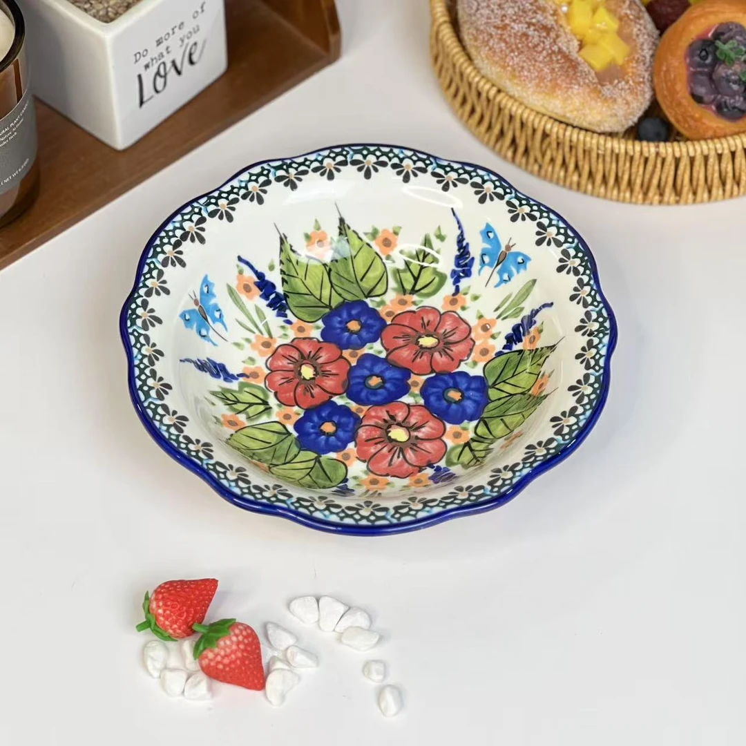 Sazaki花蝴蝶 深圆盘子家用菜盘大号8.5英寸波兰彩陶瓷手绘釉下彩