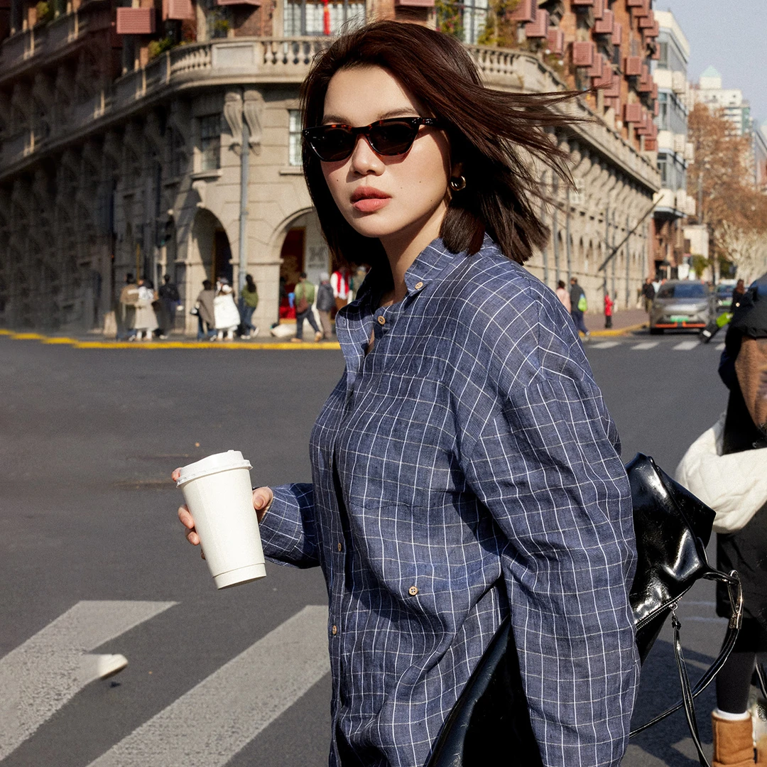 PLUSMALL 淡人书呆子 格子亲肤知识分子风翻领衬衫PPPP2412098